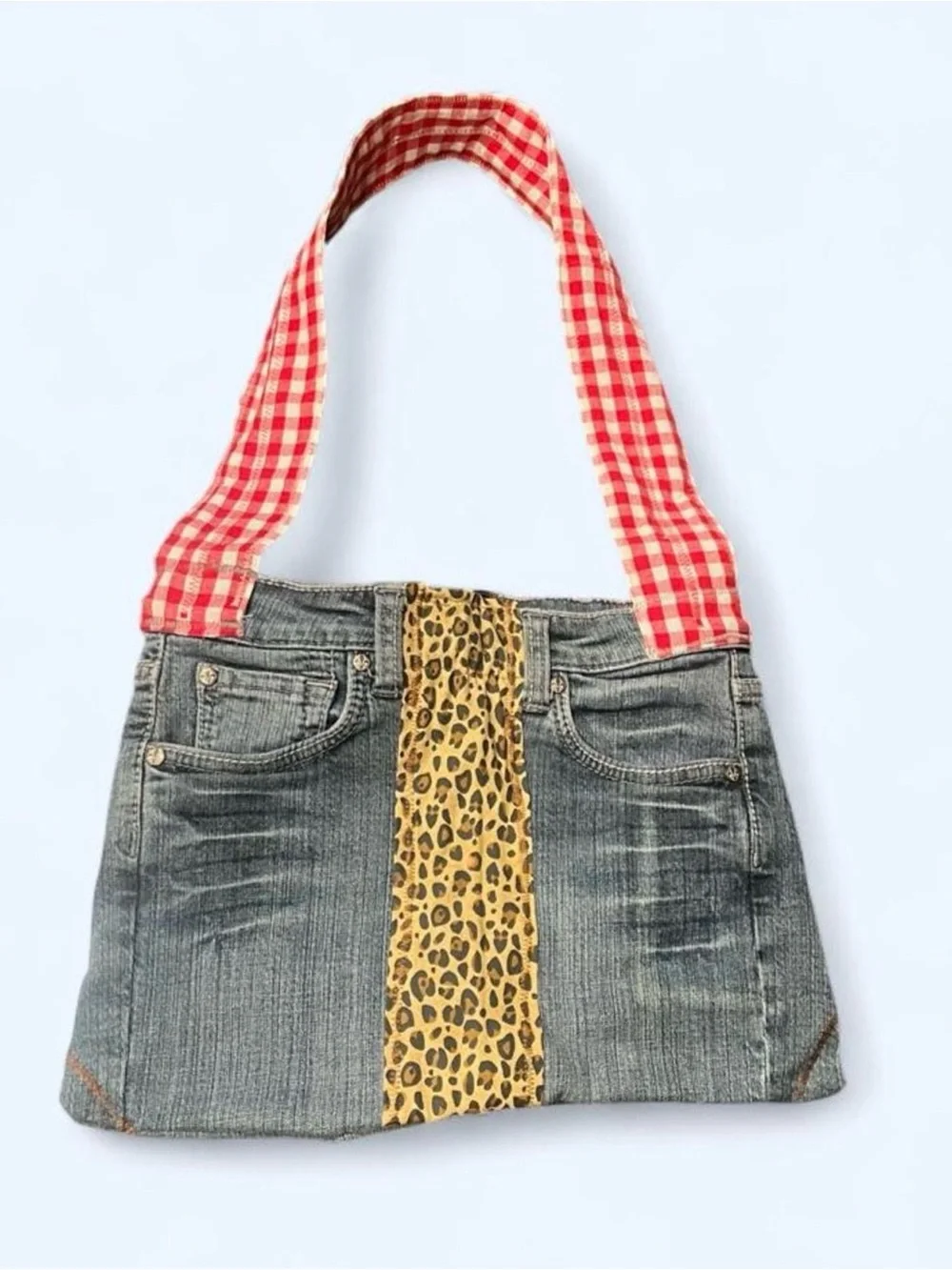 Source Unknown Denim Tote with Leopard Center and Red Gingham Strap